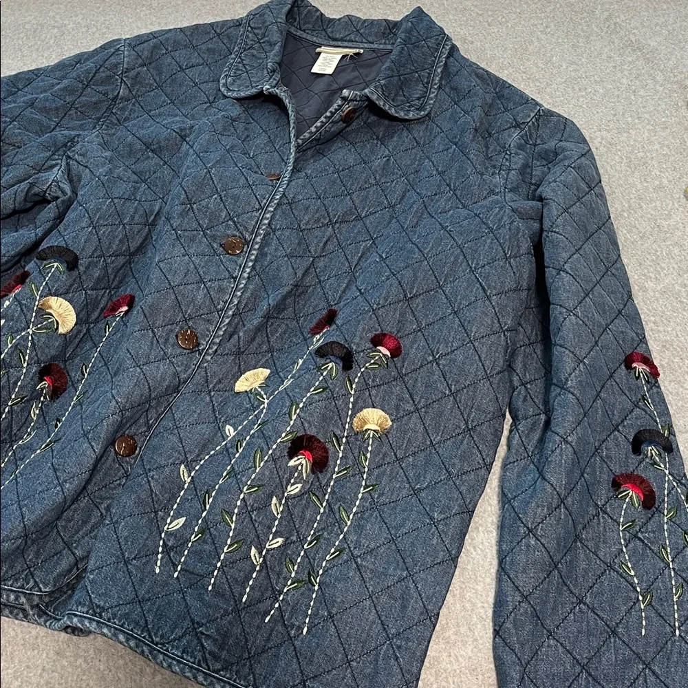 Vintage Quilted Chambray Jacket Womens 2X Boho Grandma Cottagecore Embroidered - Picture 11 of 12